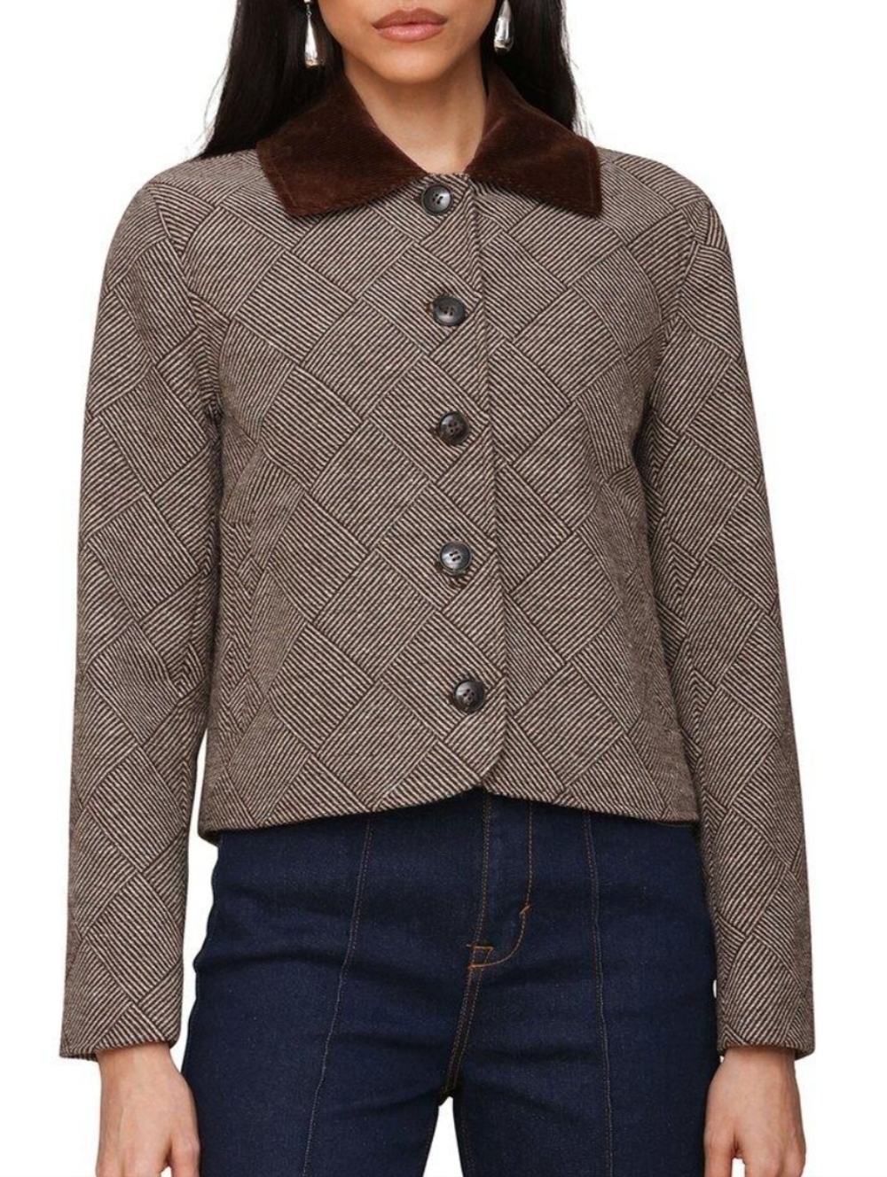 Bagatelle Jacket Button Front Short Coat Corduroy Collar Striped Check Print LG
